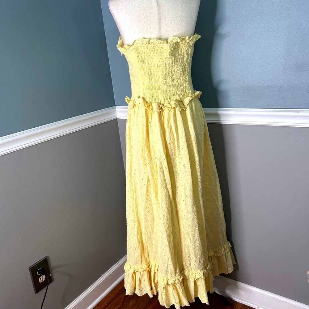Altar'd State Yellow Eyelet Strapless Maxi Dress Smocked Ruffle ASWD-261-009 L - Picture 11 of 11